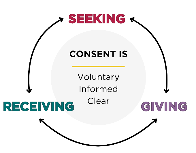 Seeking, giving, and receiving consent shown as a continuous cycle around the statement that consent is voluntary, informed, and clear.