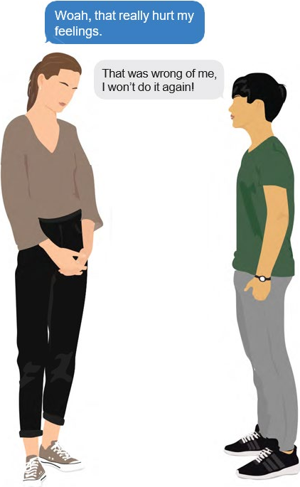 Two young people talking. One says, Woah, that really hurt my feelings. The other answers, That was wrong of me, I won&rsquo;t do it again.