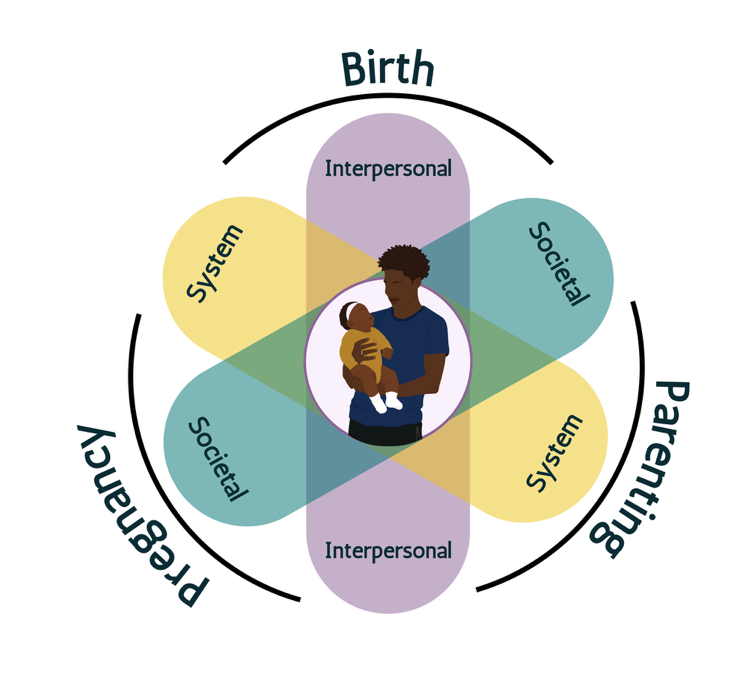 Overlapping petals labeled interpersonal, system, and societal influences radiate from a young father holding his baby at the center, encircled by the stages of pregnancy, birth, and parenting.