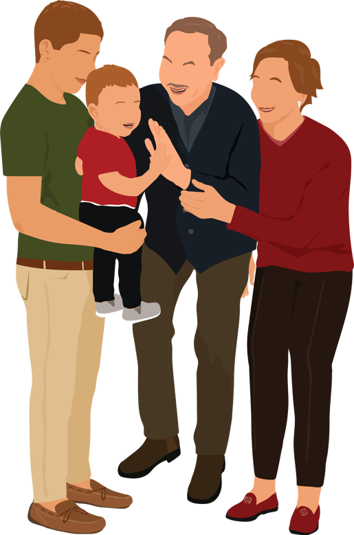 A young father holds his baby beside two older adult caregivers, all smiling together.