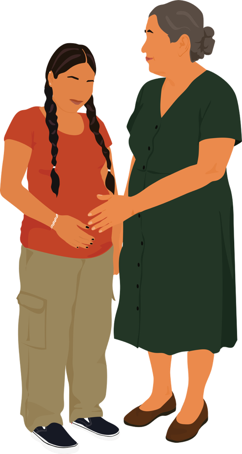 A pregnant young person and an older adult caregiver stand together, the caregiver resting a hand on their arm.